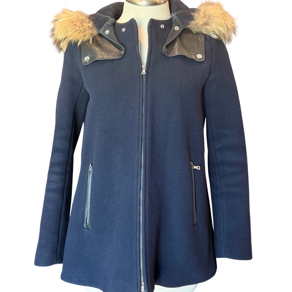 Sandro Paris Wool Coat Sz 38 US Sz 6 Navy Hooded Fur Trim Leather Detail Jacket